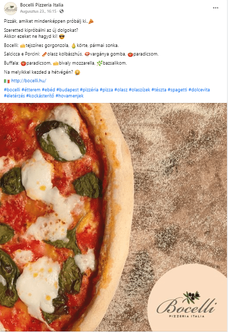 marketing ügynökség fb poszt social kontent Bocelli pizzéria